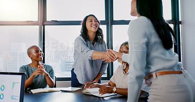 Buy stock photo Welcome shaking hands, thank you or business people for hiring contract deal, meeting and partnership in city office. Teamwork, worker handshake on trust, consulting for b2b sale success and support