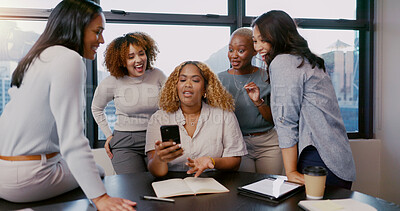 Buy stock photo Teamwork, happy or business women with phone for gossip news, social media or blog content reading In office. Friends, startup or group of employee on smartphone smile for networking or communication