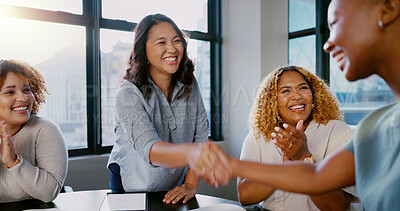 B2B partnership, applause or business people handshake for welcome, collaboration or company teamwork, success and innovation. Happy, trust or women shaking hands for deal, thank you or job promotion