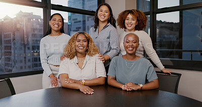 Business people, face and smile of corporate team, about us or organization relaxing at office together. Group portrait of happy employee women smiling for teamwork success or staff at workplace