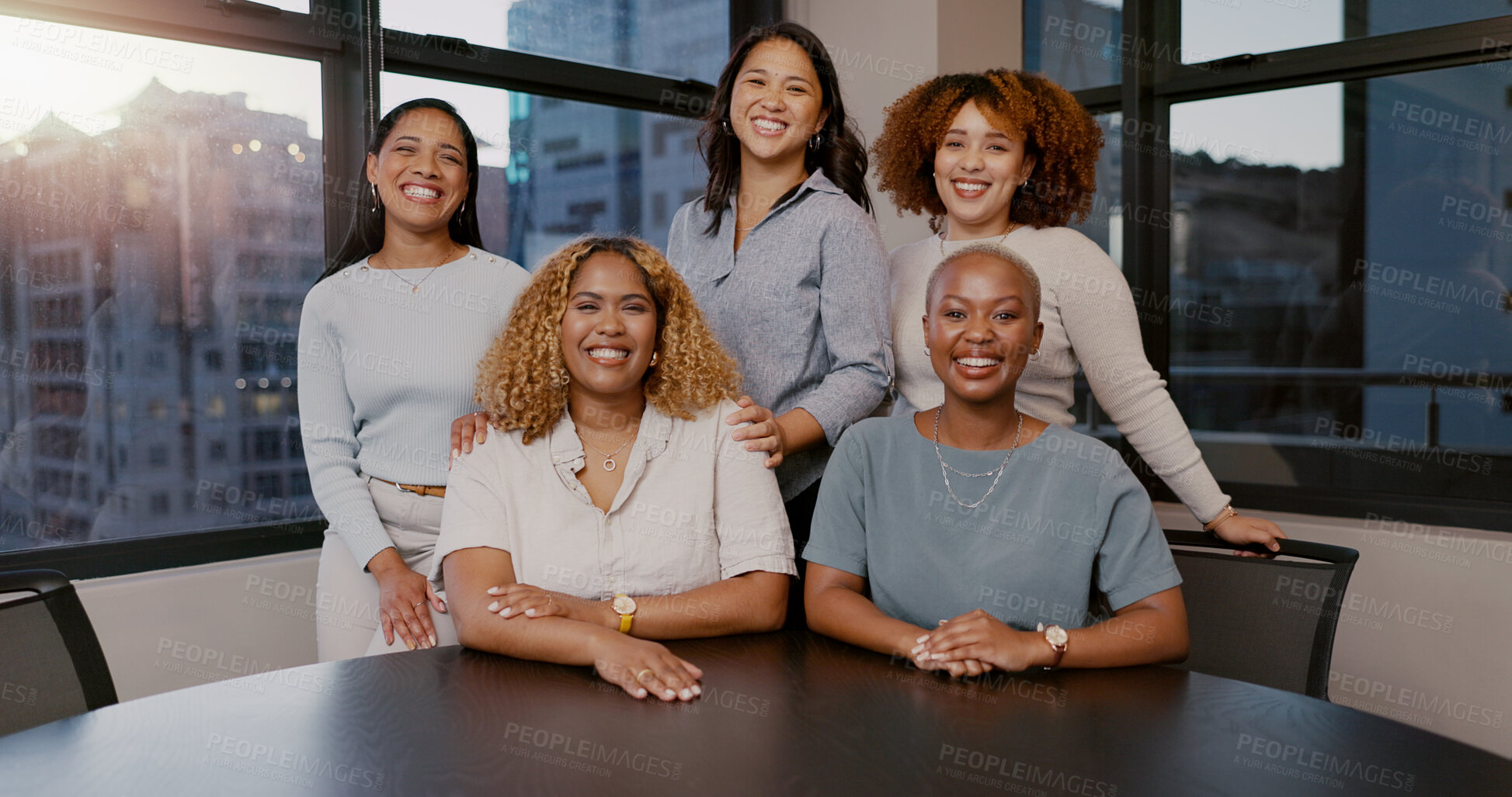 Buy stock photo Business people, face and smile of corporate team, about us or organization relaxing at office together. Group portrait of happy employee women smiling for teamwork success or staff at workplace