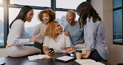 Buy stock photo Teamwork, happy or business women with phone for gossip news, social media or blog content reading In office. Friends, startup or group of employee on smartphone smile for networking or communication