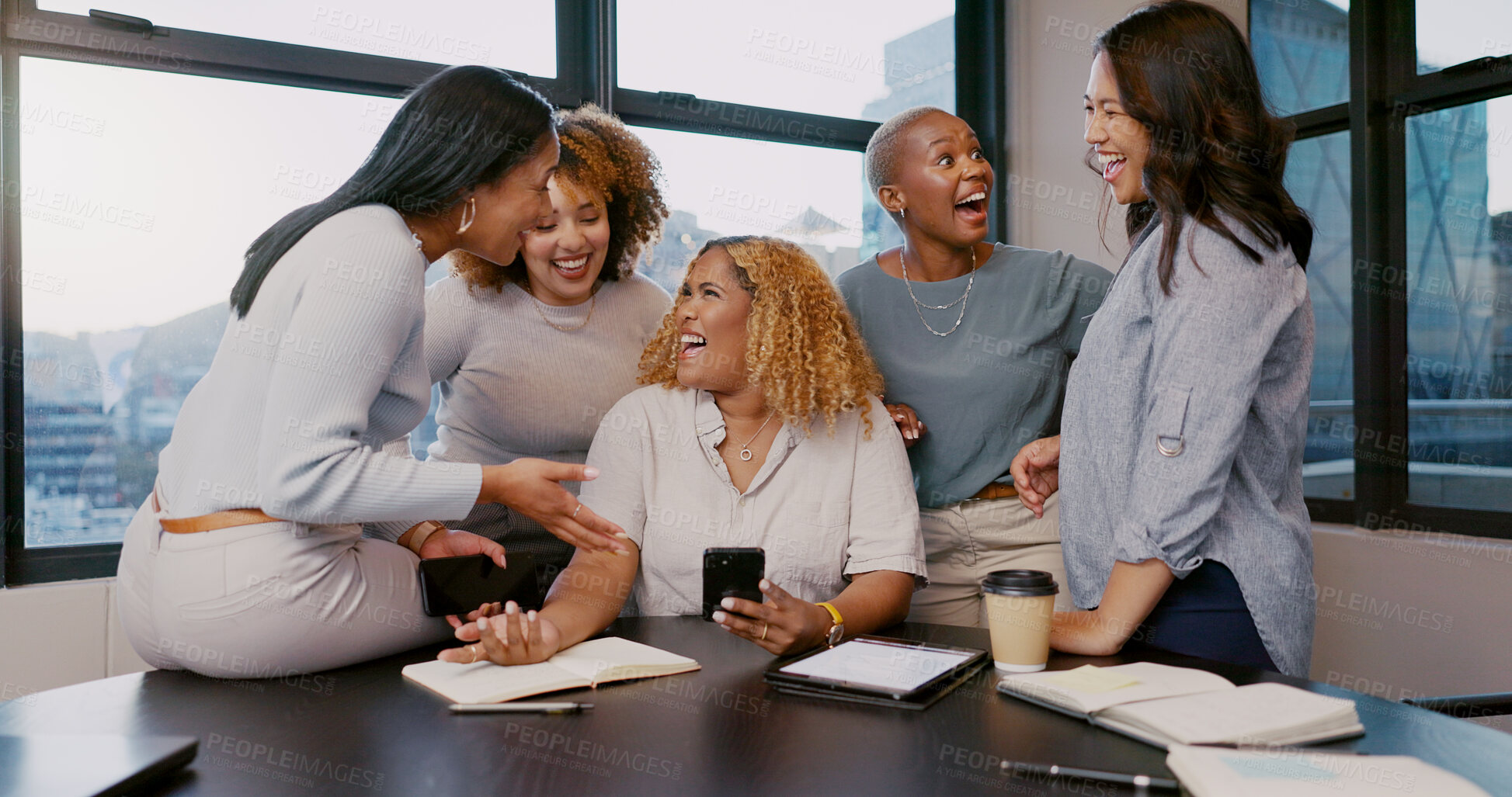 Buy stock photo Teamwork, happy or business women with phone for gossip news, social media or blog content reading In office. Friends, startup or group of employee on smartphone smile for networking or communication