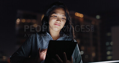 Night balcony, tablet or city woman typing social network feedback, customer experience or e commerce. Brand monitoring data, website research or Asian media worker analysis of online survey review