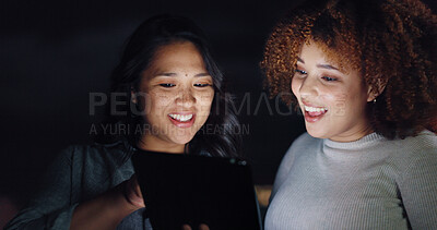 Tablet, night balcony and diversity women review social network feedback, customer experience or web ecommerce. Brand monitoring data, teamwork and media team collaboration on online survey analysis