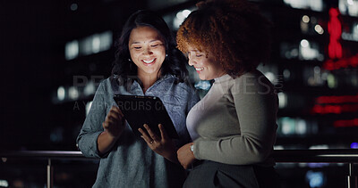 Tablet, night diversity or balcony people review social network feedback, customer experience or web ecommerce. Brand monitoring data, teamwork and media women collaboration on online survey analysis
