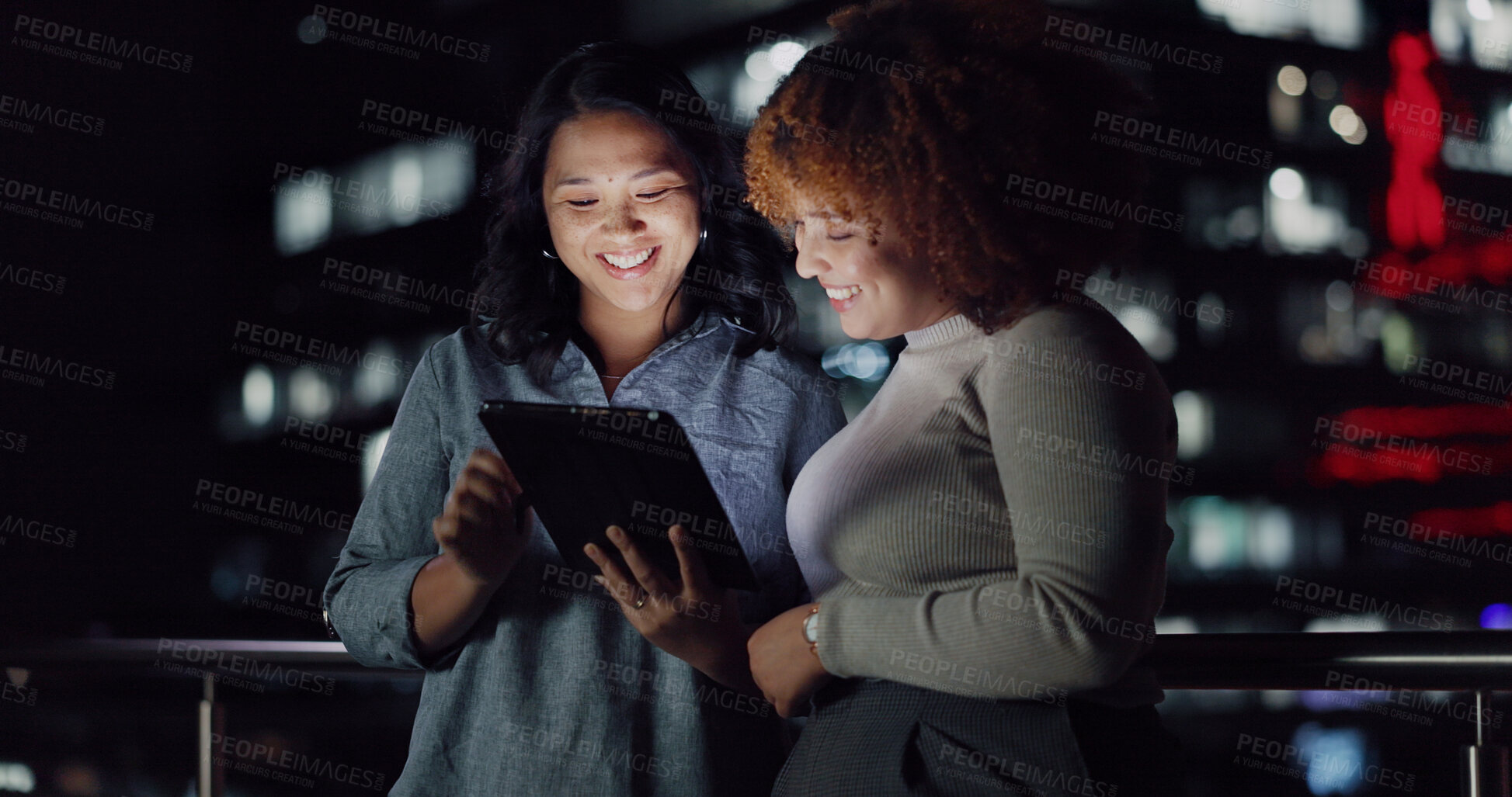 Buy stock photo Tablet, night diversity or balcony people review social network feedback, customer experience or web ecommerce. Brand monitoring data, teamwork and media women collaboration on online survey analysis