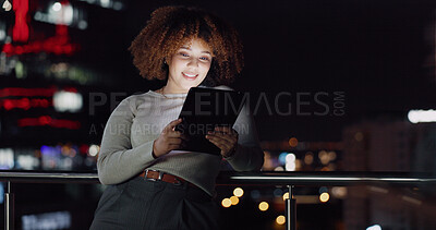 Buy stock photo Business tablet, night balcony and woman reading positive social network feedback, customer experience or ecommerce. Brand monitoring data, website or African media worker typing online survey review