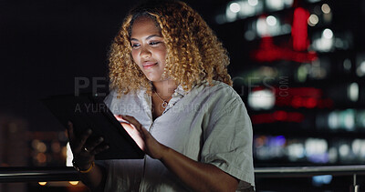 Buy stock photo Tablet, dark night balcony and black woman typing review of social network feedback, customer experience or ecommerce. Brand monitoring data, website or media worker working on online survey analysis