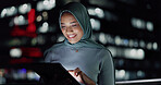 Tablet, night smile or happy woman on balcony reading social network review, customer experience feedback or ecommerce. Brand monitoring data, Islamic or Muslim media worker analysis of online survey