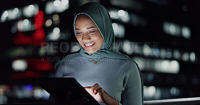 Tablet, night smile or happy woman on balcony reading social network review, customer experience feedback or ecommerce. Brand monitoring data, Islamic or Muslim media worker analysis of online survey