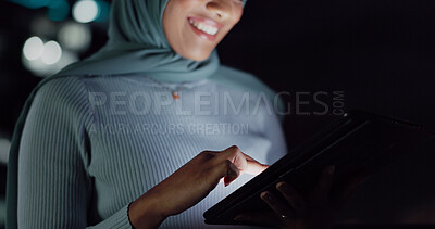 Tablet, night smile or balcony woman reading positive social network feedback, customer experience or ecommerce. Brand monitoring data, Islamic or Muslim media worker analysis of online survey review