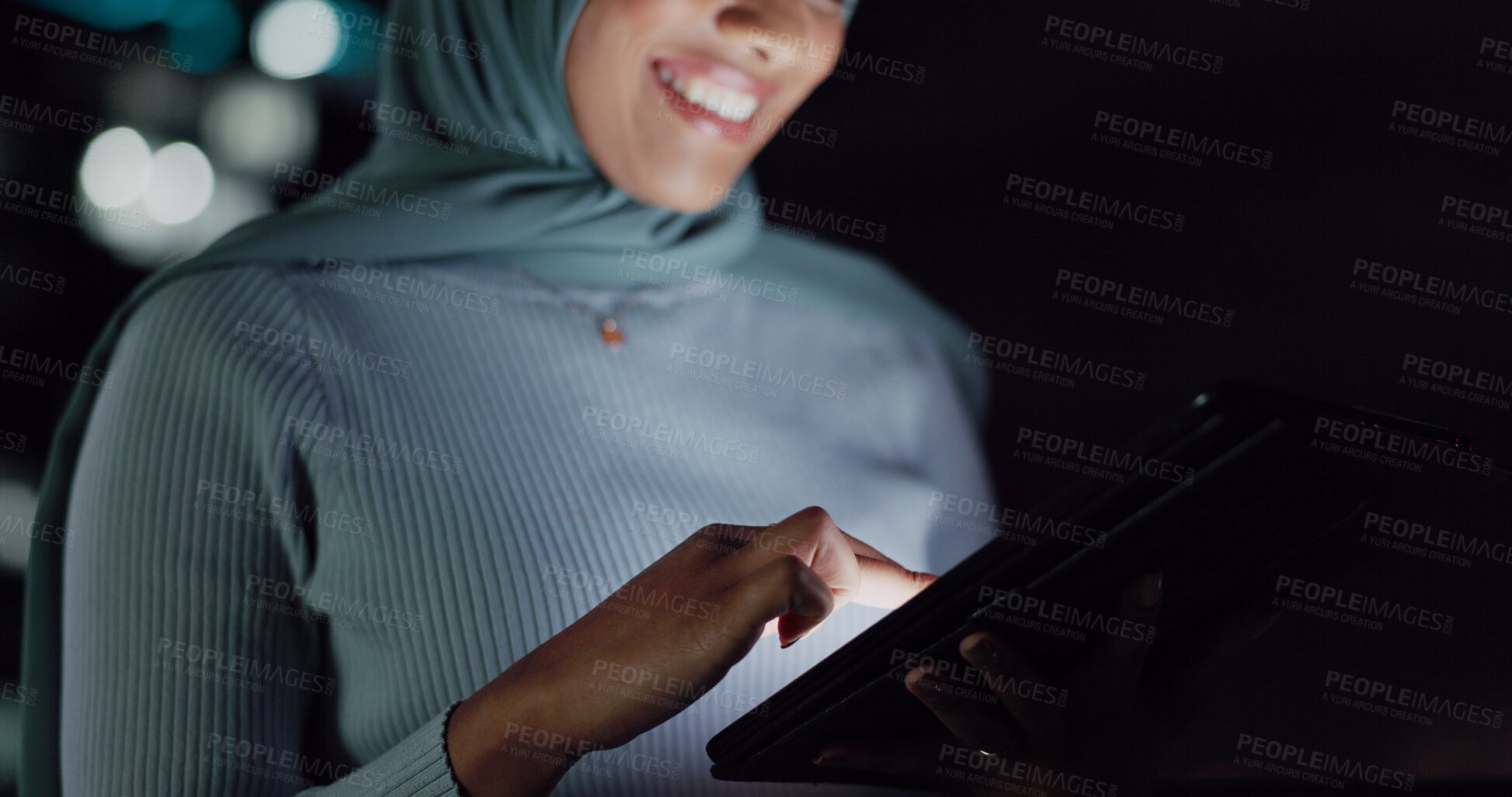 Buy stock photo Tablet, night smile or balcony woman reading positive social network feedback, customer experience or ecommerce. Brand monitoring data, Islamic or Muslim media worker analysis of online survey review