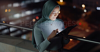 Buy stock photo Balcony, tablet and night woman reading social network feedback, customer experience or e commerce. Brand monitoring data, Islamic info and Muslim media worker typing online survey review