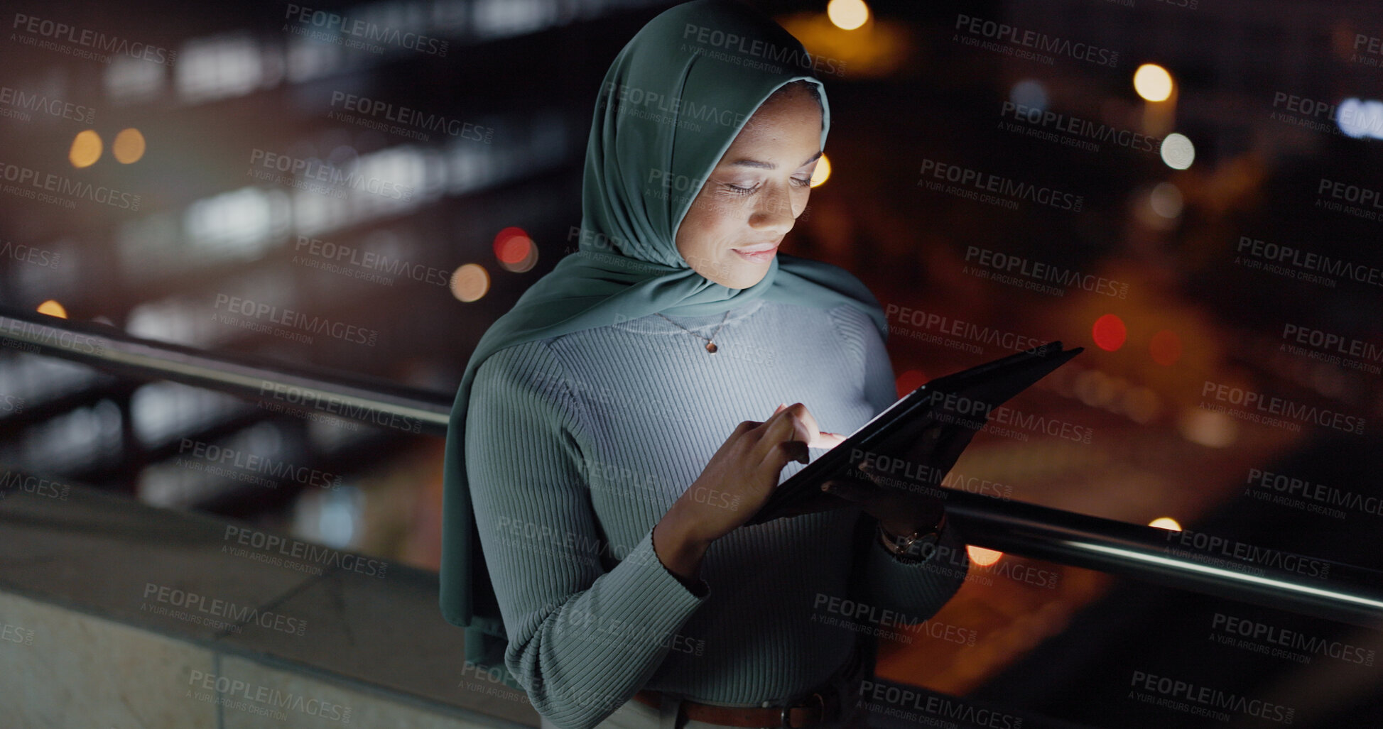 Buy stock photo Balcony, tablet and night woman reading social network feedback, customer experience or e commerce. Brand monitoring data, Islamic info and Muslim media worker typing online survey review