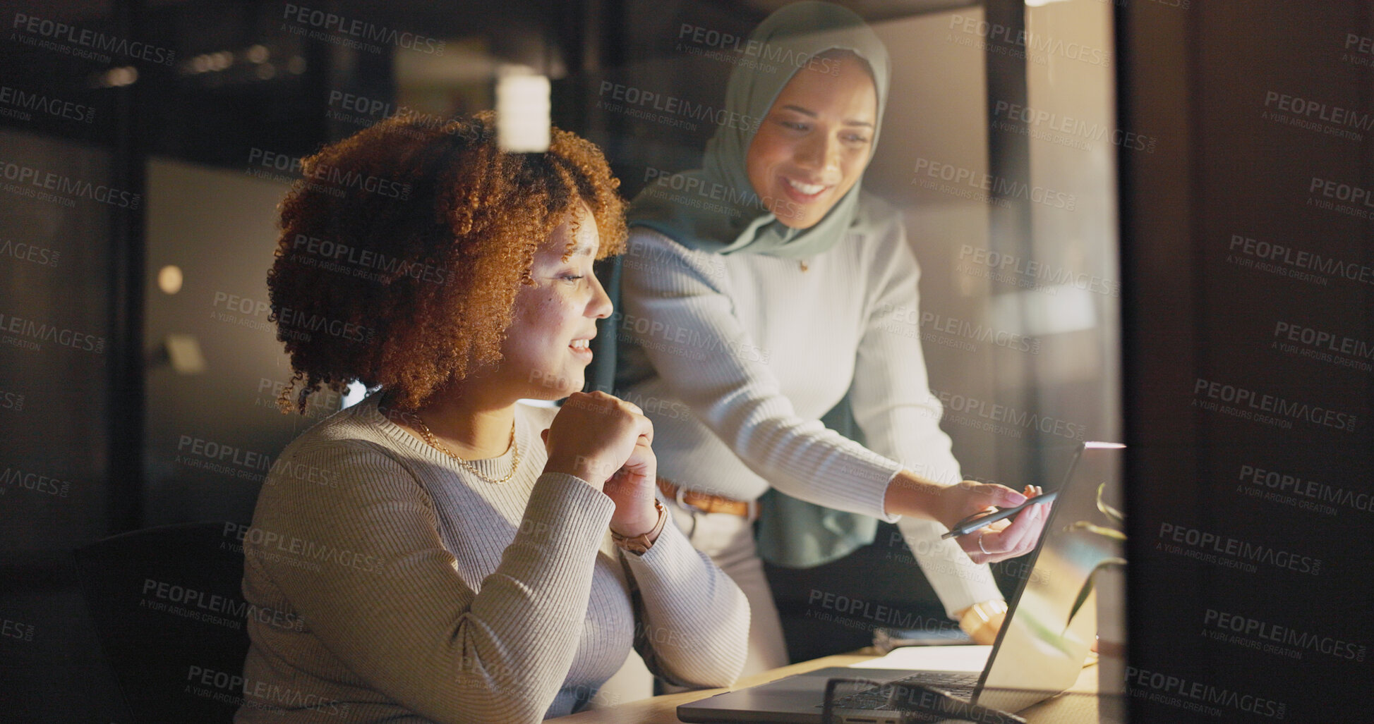 Buy stock photo Office night, laptop and diversity woman review social network feedback, customer experience or web ecommerce. Brand monitoring data, teamwork and media team collaboration on online survey analysis