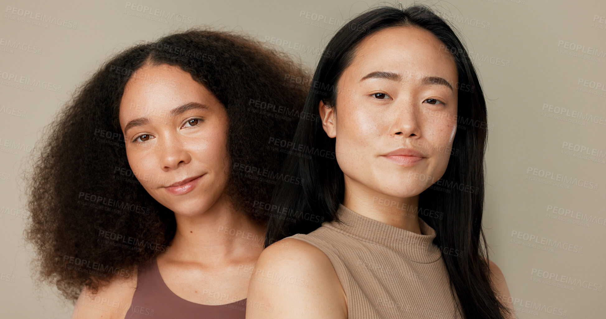 Buy stock photo Diversity face, beauty and studio women with natural cosmetics shine, facial skincare routine and self care wellness. Dermatology, salon makeup and portrait of relax model friends on grey background