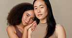 Diversity face, beauty and studio women with natural cosmetics shine, facial skincare routine and self care wellness. Dermatology, salon makeup and portrait of relax model friends on grey background