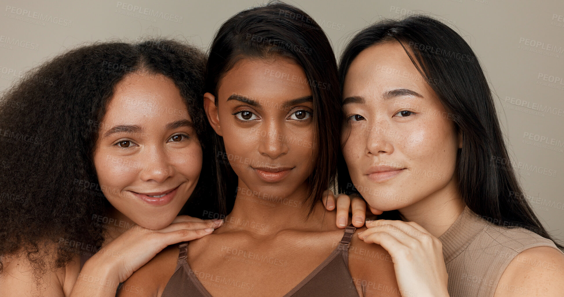 Buy stock photo Women, portrait and beauty, diversity and dermatology with wellness, antiaging and friends isolated on brown background. Unique skin, natural cosmetics and inclusion with skincare and glow in studio