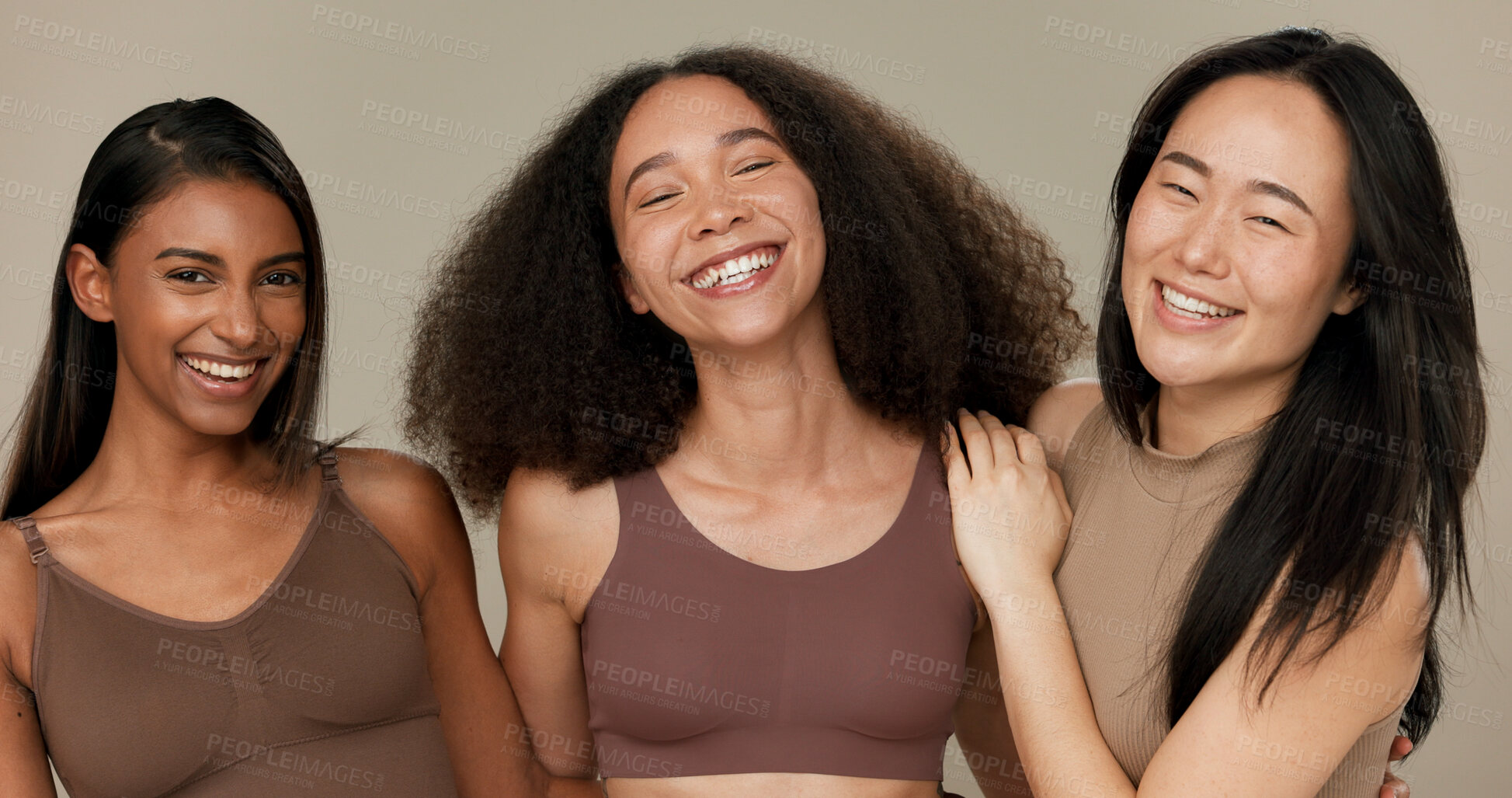 Buy stock photo Diversity, underwear and portrait of women friends in studio for beauty, inclusion or wellness. Happy people hug on neutral background as different body care, skin glow or natural cosmetic comparison