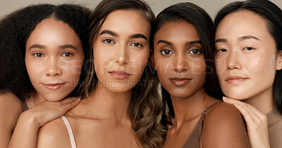 Women, natural beauty and face with diversity, skincare and wellness for inclusion in studio. Cosmetics, brown background and female group with dermatology, community and friends together for glow