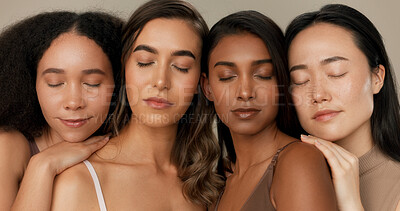Women, natural beauty and face with diversity, skincare and wellness for inclusion in studio. Cosmetics, brown background and female group with dermatology, community and friends together for glow