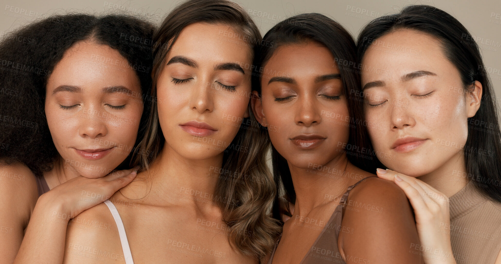 Buy stock photo Women, beauty and face with diversity, cosmetics and wellness for inclusion on a brown studio background. Skincare,  group and makeup with dermatology, community and friends with shine, glow and soft