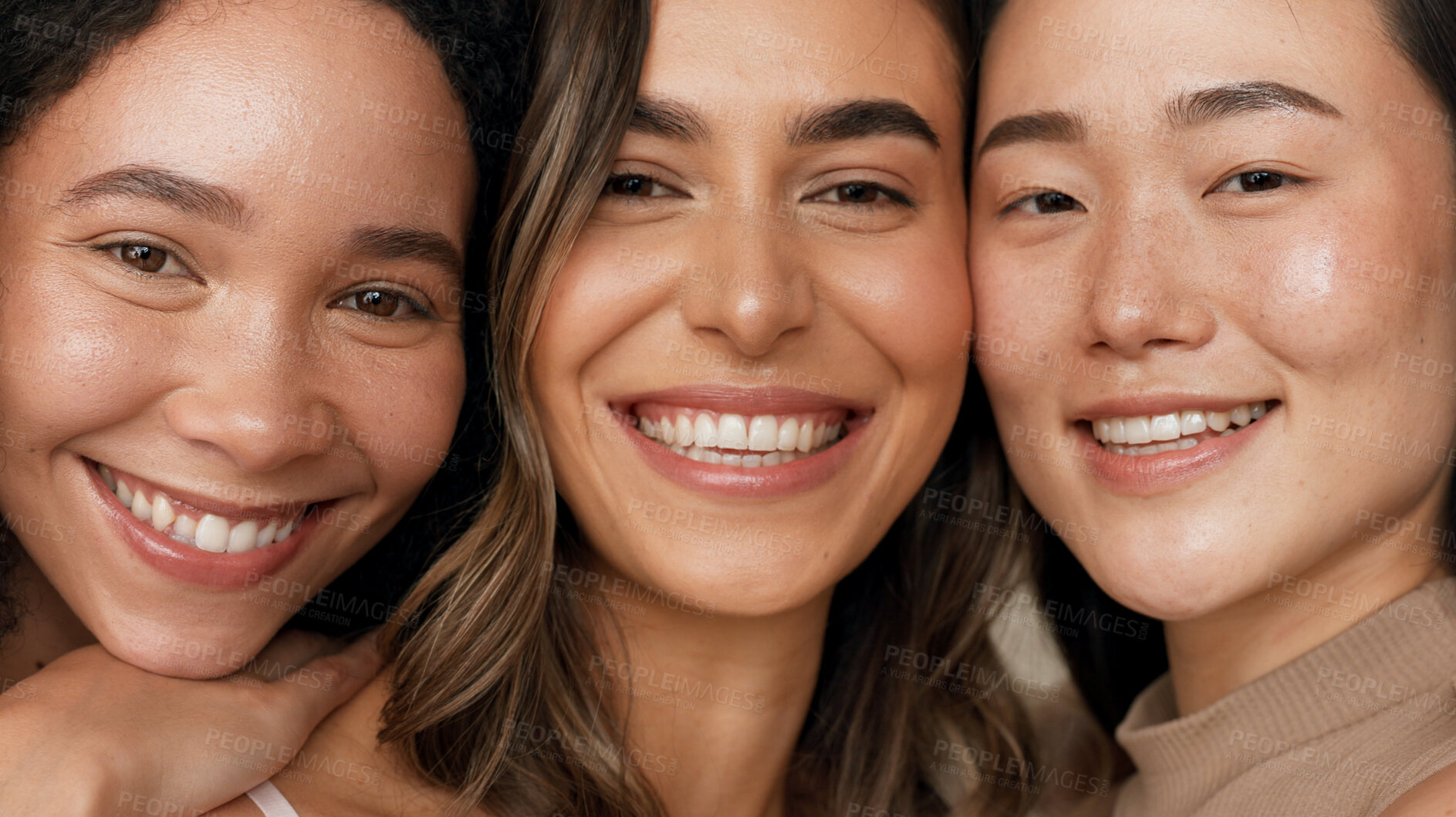 Buy stock photo Skincare group, face or women smile for anti aging cosmetics, beauty glow and spa wellness support. Equality, cosmetology closeup or diversity portrait of unique friends together on studio background