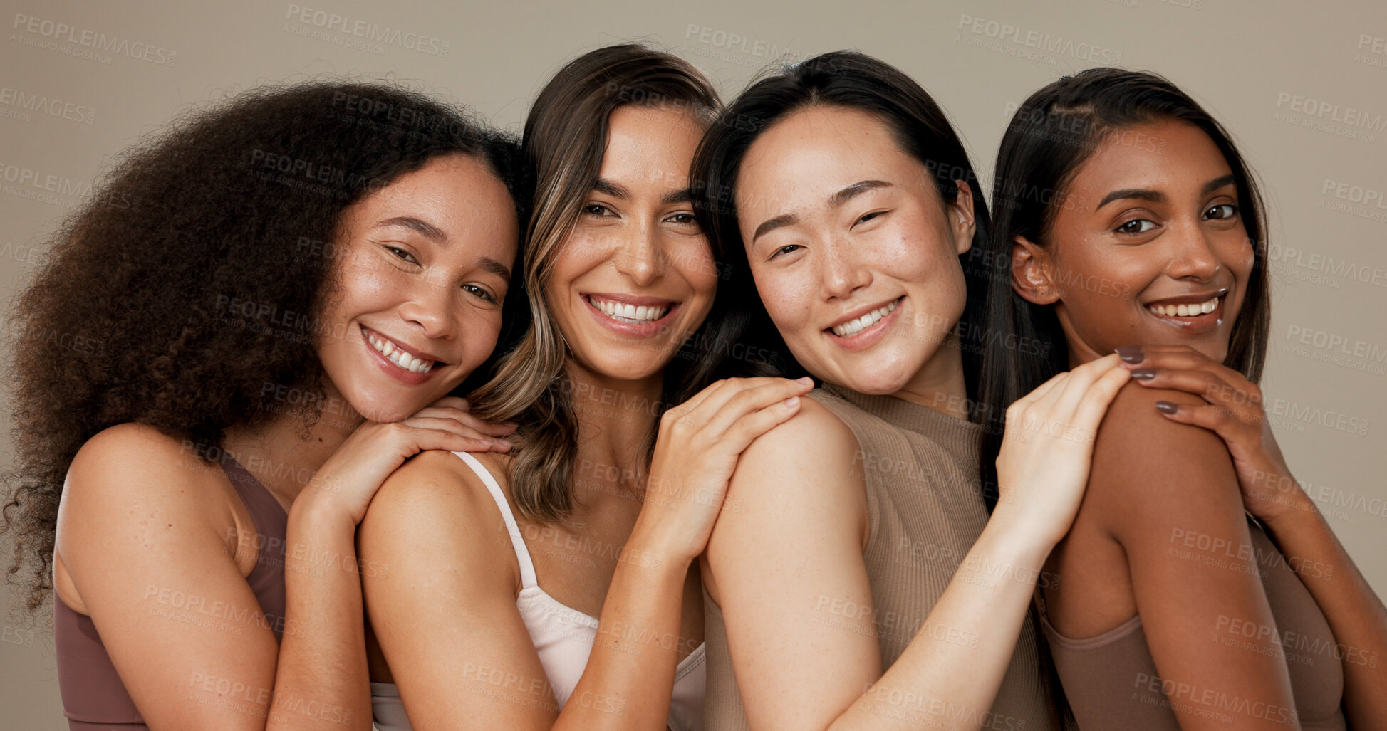 Buy stock photo Diversity face, beauty group and happy women with natural cosmetics, facial skincare glow and studio self care. Woman empowerment, makeup and equality portrait of model friends on grey background