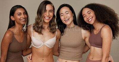 Women, underwear and portrait of diversity friends in studio for beauty, inclusion or wellness. Happy people hug on neutral background as different body care, skin glow or natural cosmetic comparison