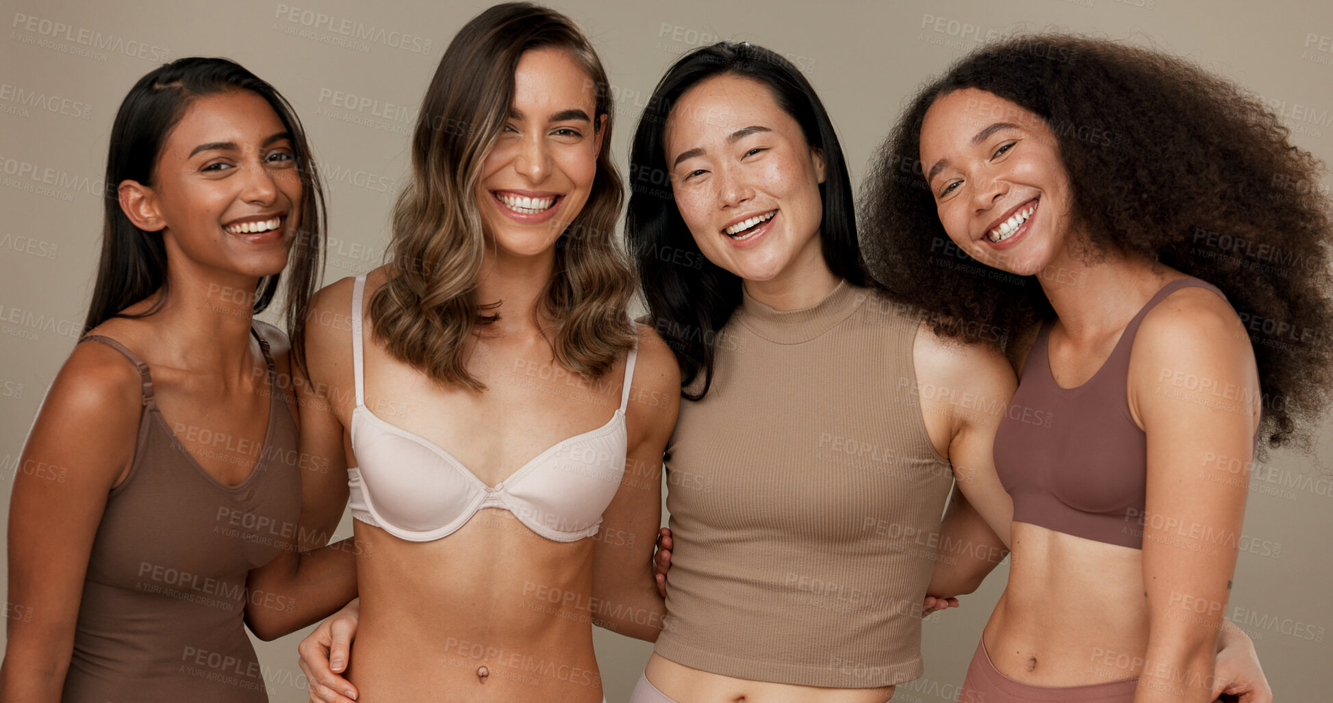 Buy stock photo Women, underwear and portrait of diversity friends in studio for beauty, inclusion or wellness. Happy people hug on neutral background as different body care, skin glow or natural cosmetic comparison