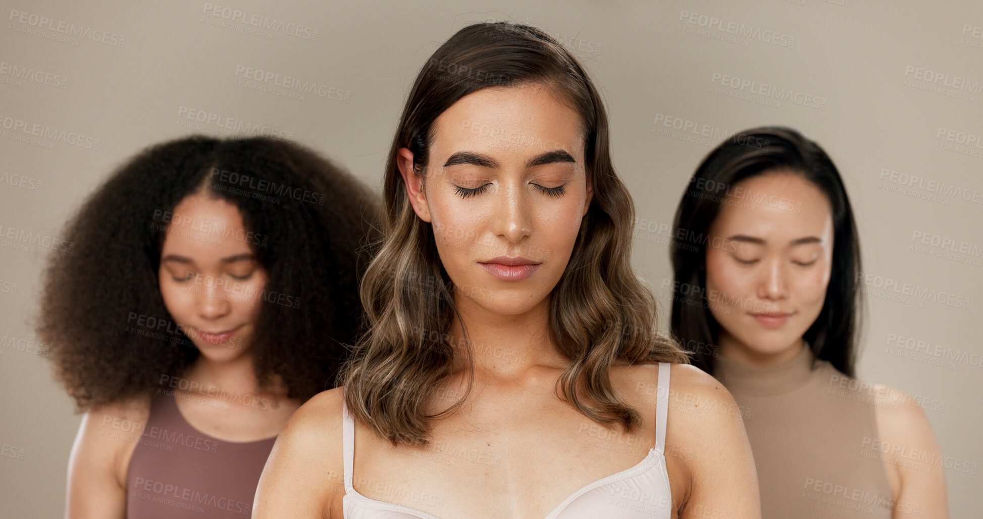 Buy stock photo Diversity, beauty and women, skincare with wellness and dermatology, glow and eyes closed on brown background. Different skin, unique and inclusion with model group in a studio, cosmetics and face