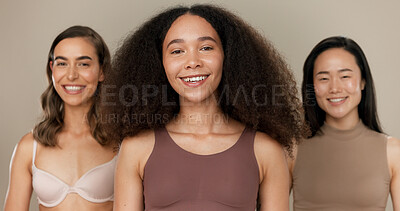Diversity, beauty and women, portrait and dermatology with wellness, skincare and glow on studio background. Different skin, unique and inclusion with model group in a studio, cosmetics and face