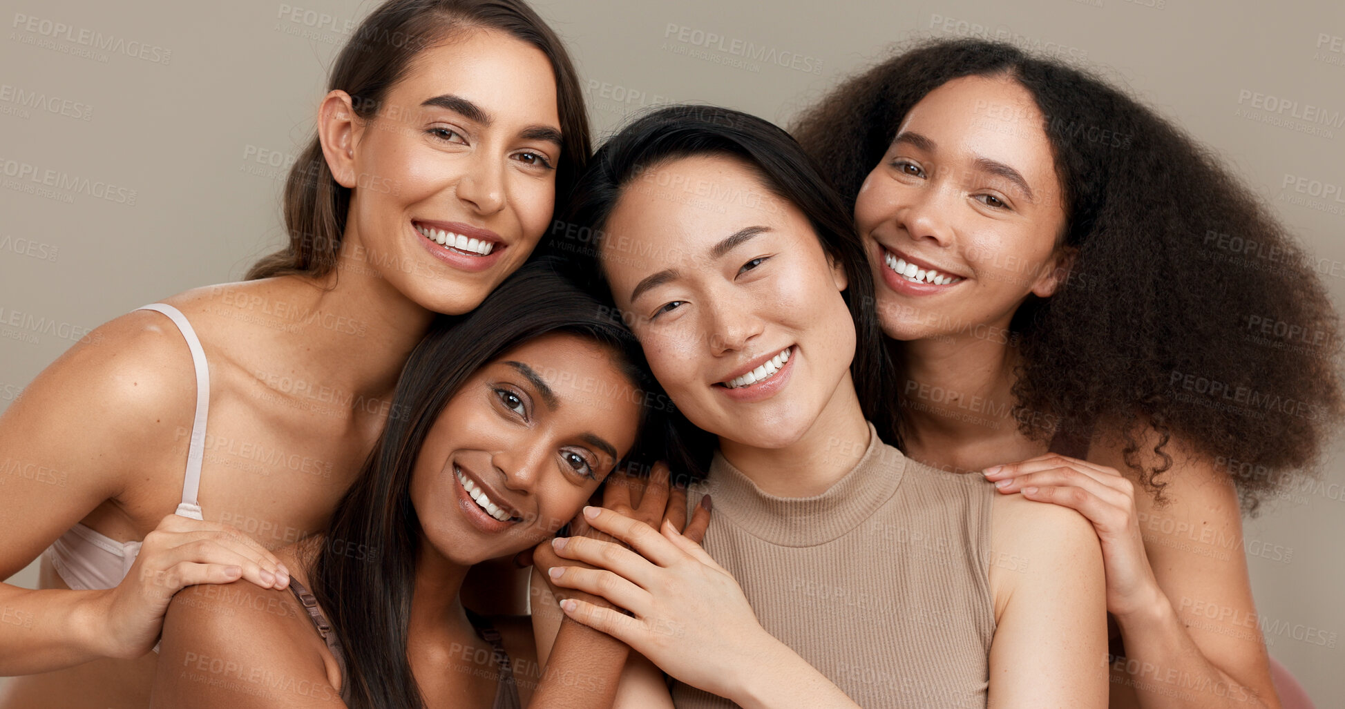 Buy stock photo Women, portrait and beauty, diversity and happy with wellness, dermatology and friends isolated on studio background. Unique skin, natural cosmetics and inclusion with skincare, smile and antiaging