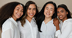 Women, friends and diversity for, skincare, face beauty and cosmetics inclusion, support and love on studio background. Happy people, together and hug for group health, natural dermatology and care