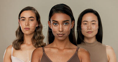 Natural beauty, face and diversity with women, dermatology and skincare isolated on studio background. Wellness, unique healthy skin and inclusion with cosmetic care, makeup shine and portrait