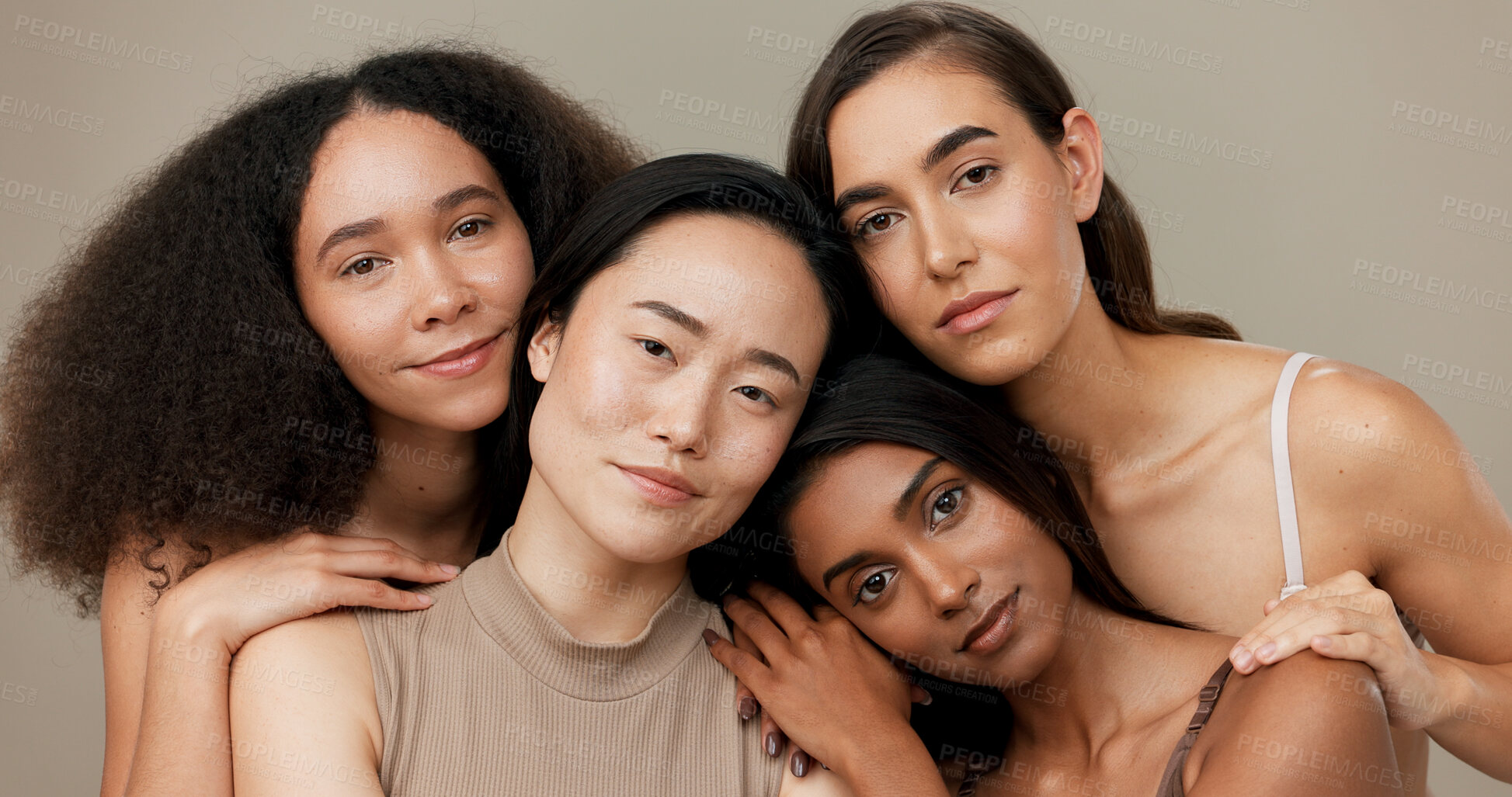 Buy stock photo Diversity, beauty and women, portrait and cosmetics with wellness, dermatology and glow on studio background. Young skin, unique and inclusion with model group, skincare and face as different