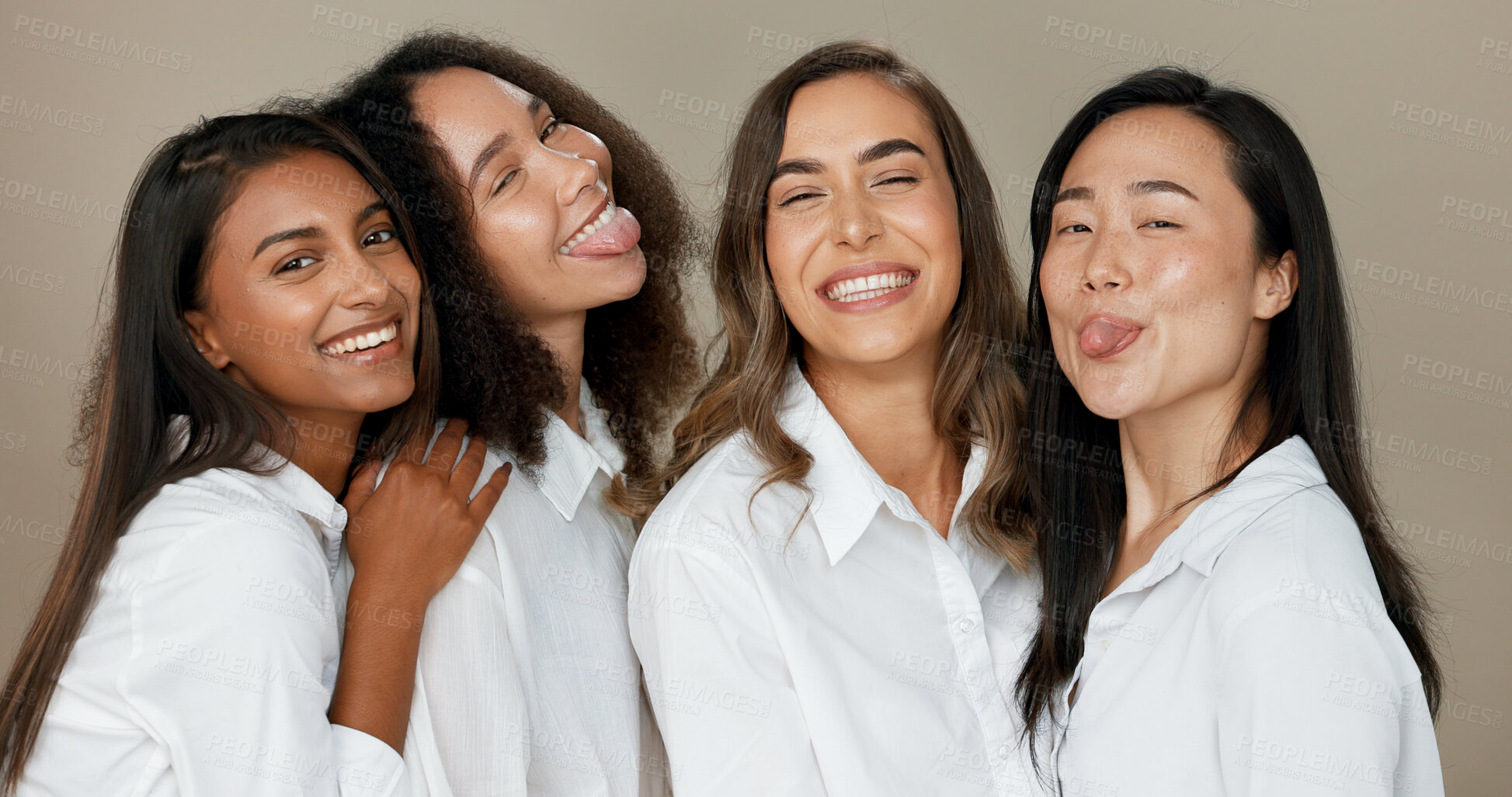 Buy stock photo Women, friends and diversity for skincare, beauty and cosmetics for inclusion, funny face and love. Happy, people and together for hug, tongue out and dermatology for confidence on studio background