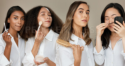 Women, group and makeup for skincare, beauty or cosmetics with diversity on a brown studio background. Face of friends or people with skin care product, brush and powder or lipstick for dermatology