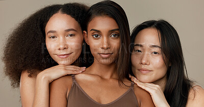 Face, beauty and portrait of women friends in studio for diversity, inclusion or wellness. Model people on neutral background for different skin, facial care and dermatology glow or natural cosmetics