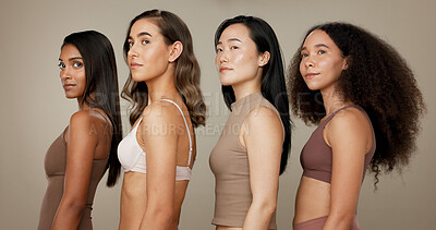 Beauty, underwear and diversity women friends in studio for comparison, inclusion or wellness. Body profile of model people on neutral background for different skin care, dermatology glow or cosmetic