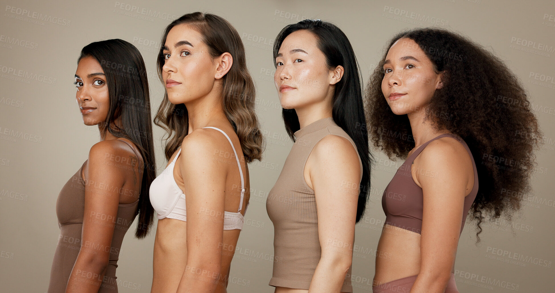 Buy stock photo Beauty, underwear and diversity women friends in studio for comparison, inclusion or wellness. Body profile of model people on neutral background for different skin care, dermatology glow or cosmetic