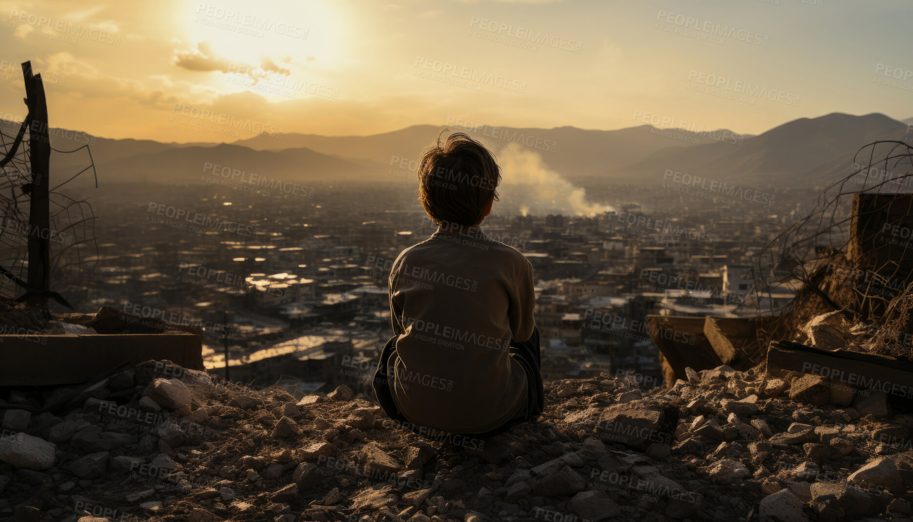 Buy stock photo Portrait of child looking over destroyed town. Alone with back to camera.