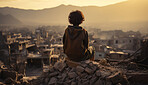 Portrait of child looking over destroyed town. Alone with back to camera.