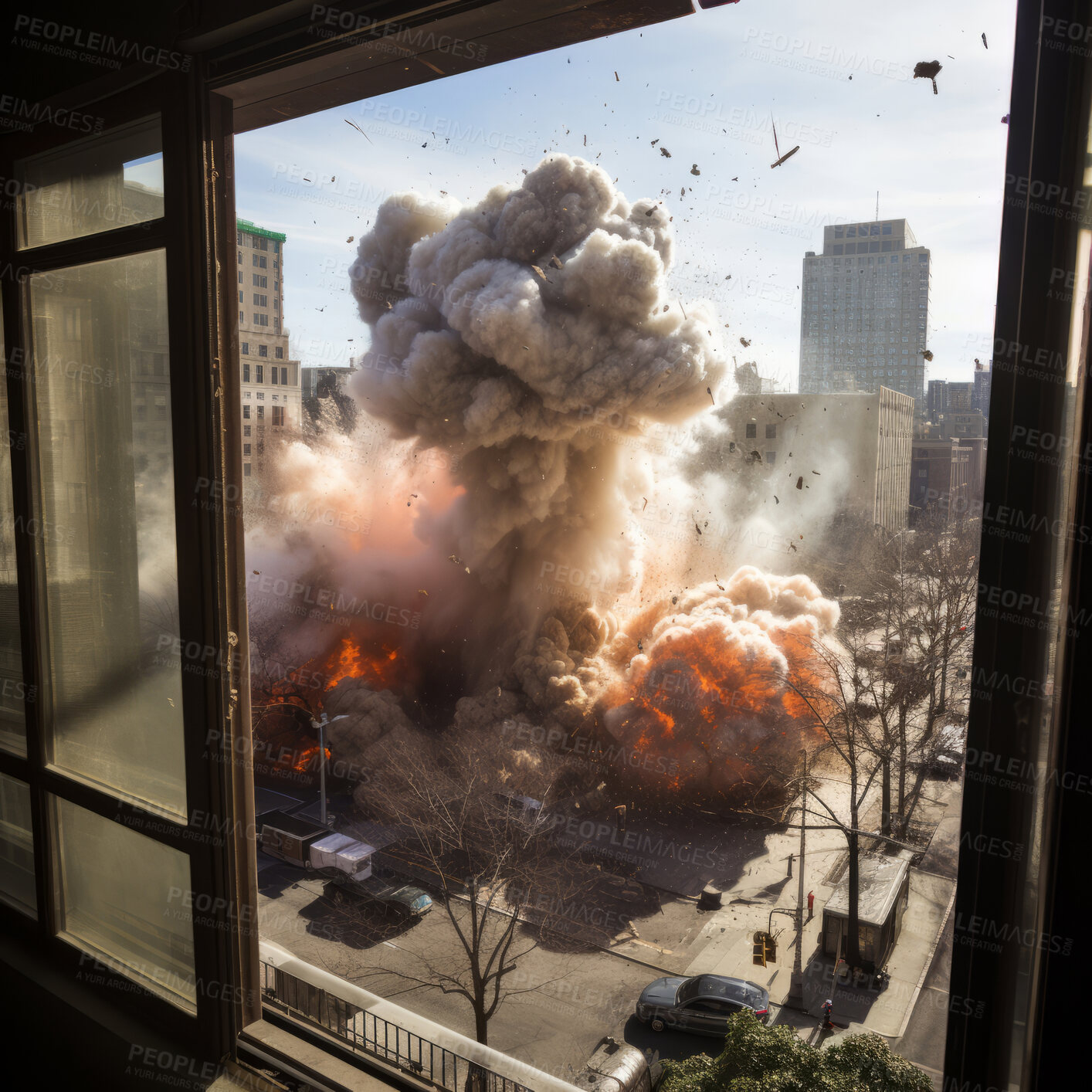 Buy stock photo Large explosion viewed from apartment building window.