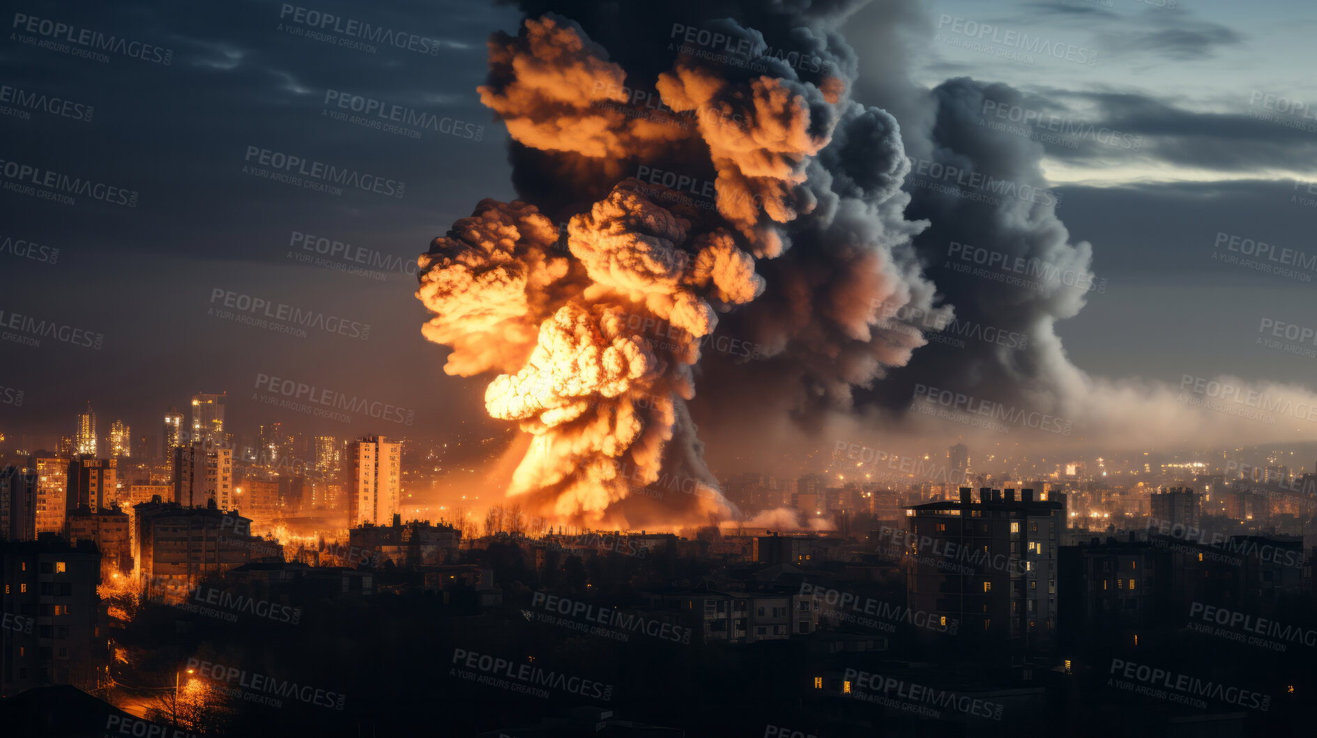 Buy stock photo Large nuclear explosion in distant skyline. Cityscape explosion at night.