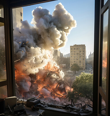 Large explosion viewed from apartment building window.