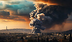 Large nuclear explosion in distant skyline. Cityscape explosion at sunset.