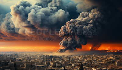 Buy stock photo Large nuclear explosion in distant skyline. Cityscape explosion at sunset.