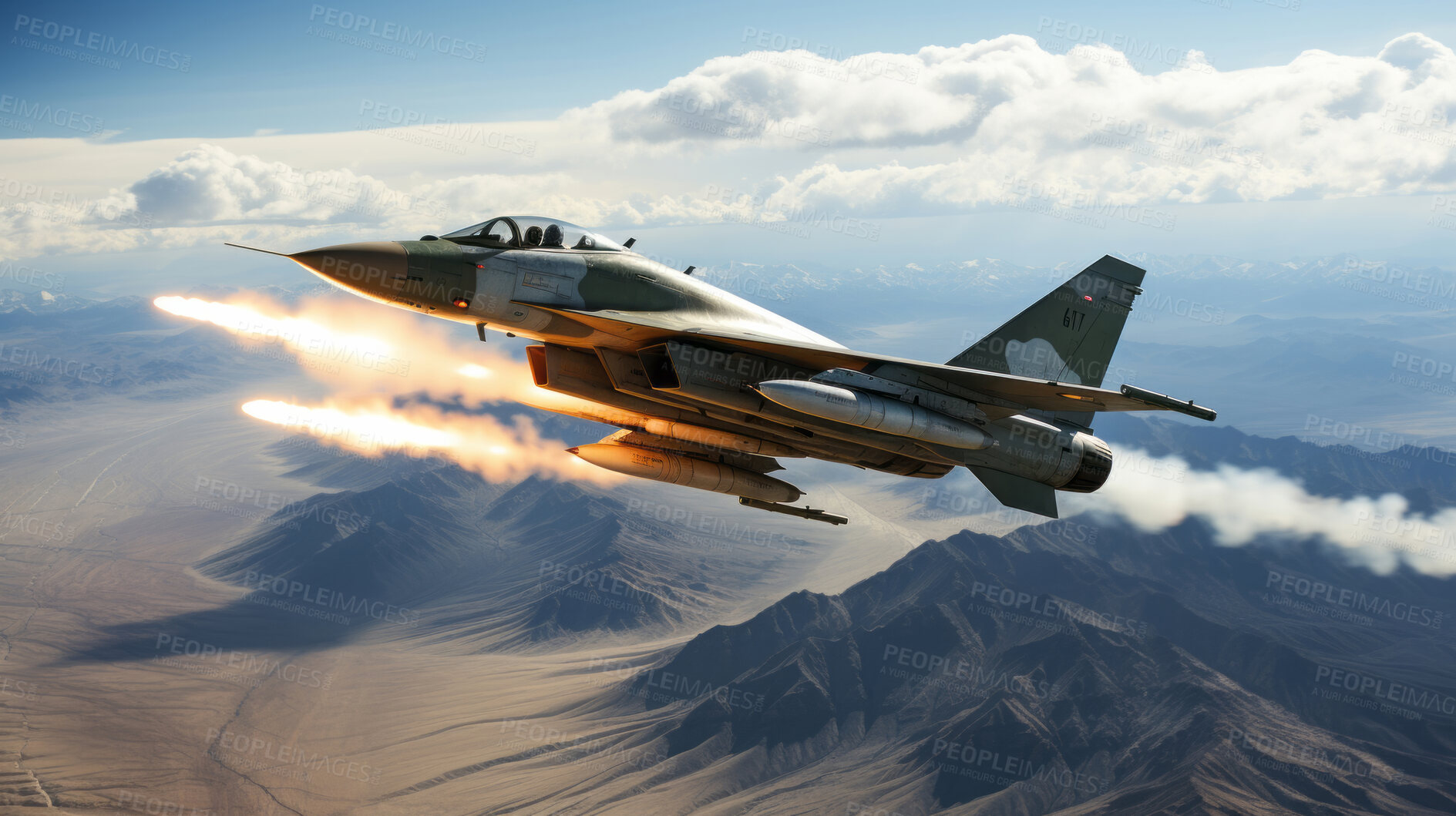 Buy stock photo Aerial shot of fighter jet attacking. Explosion and fire. Warfare concept.